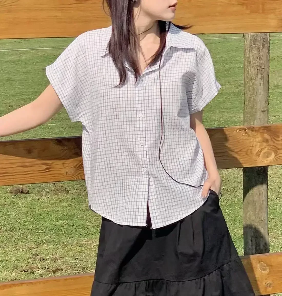 

Pop Korean Chic Retro Color Block Plaid Short Sleeve Polo Collar Women's Shirt Slim Fit Princess Sleeve Striped Pattern