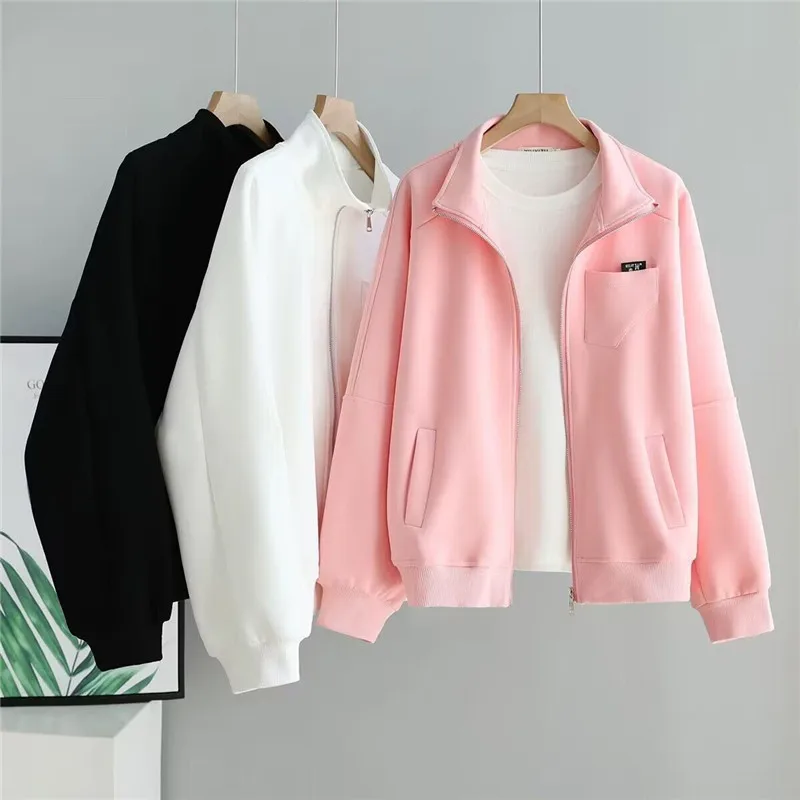 Chaqueta informal para mujer, abrigo holgado con cuello levantado, prendas de vestir exteriores de color puro, Tops con bolsillo y cremallera, primavera y otoño, 2023