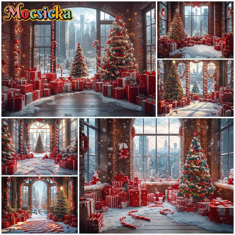 

Mocsicka Christmas Tree Photography Backgrounds Home Red Xmas Gifts Snow Decorations Party Child Adult Photo Backdrops Wallpaper