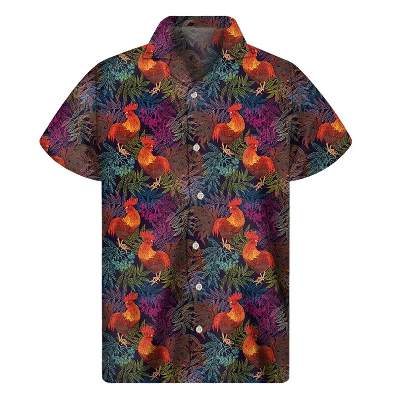 Camisas hawaianas con patrón de gallo de dibujos animados, camisa de manga corta con estampado 3D divertido, blusa de gran tamaño con botón de solapa de verano