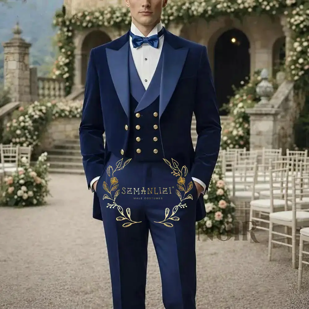 

Velvet 3 Piece Suits for Men Tailcoat Groom Wedding Tuxedo Peak Lapel Business Formal Party Male Blazer Vest Pants Costume Homme