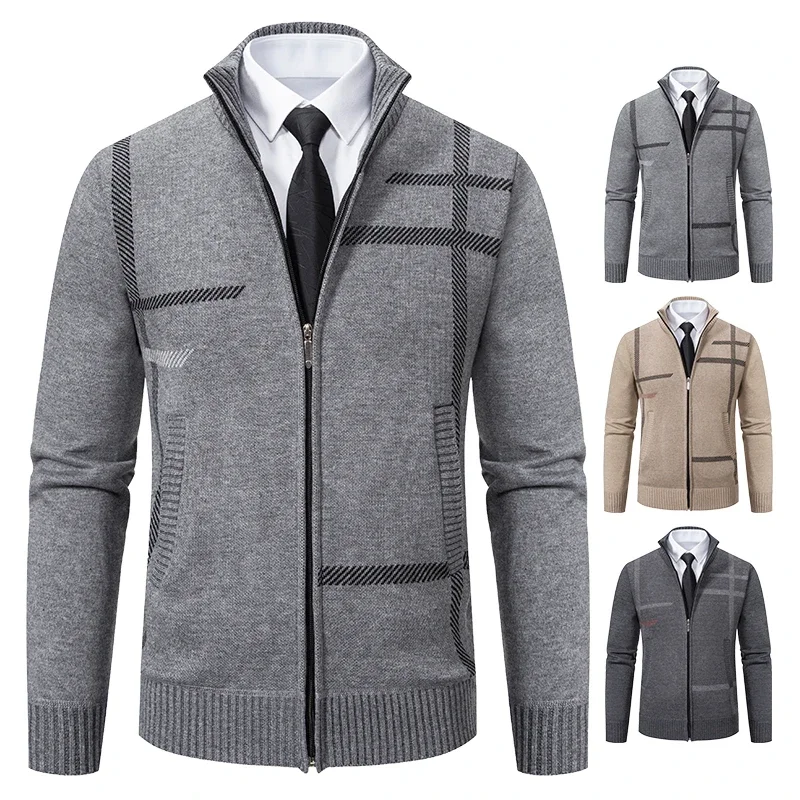 Pop Men's Knitted Cardigan Wool Cashmere Sweaters Velvet Turtleneck Knitwear Cold Fashion Blouse Y2K Boy Jumper Coat Hombre Over