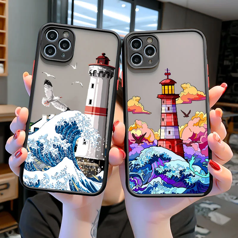 Etui na telefon Blue Wave do iphone 16 15 12 11 13 Pro Max Lighthouse Illustration Cover do iphone X XR XS 7 8 14 Plus Shells