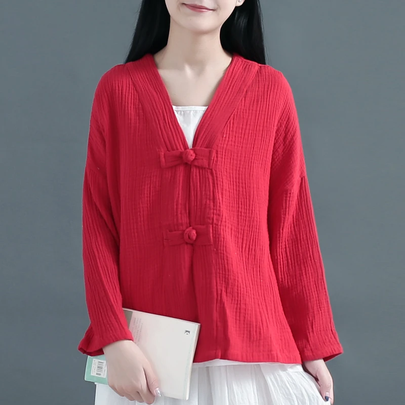 2024 Autunm Women Casual Long Sleeve Cotton Linen Loose Blouse Spring V Neck Pleat Cardigan Chinese style Vintage shirt tops