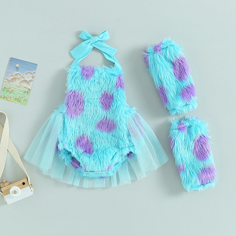 2023-07-31 Lioraitiin 0-3Years Infant Girl Bodysuit Tie-Up Halter Neck Mesh Hem Backless Print Fur Jumpsuits with Leg Warmers