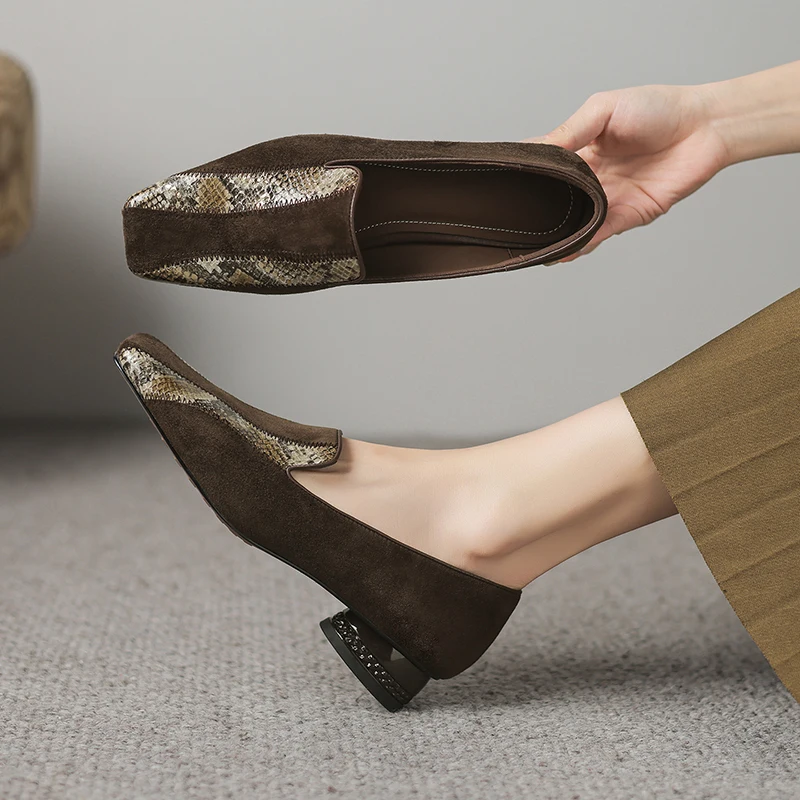 

2026 spring summer women pumps natural leather 22-25cm kid suede+sheepskin square toe thick heel loafers mixed color women shoes