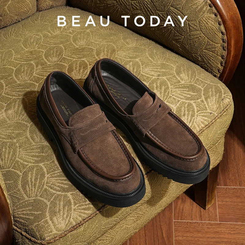 BEAUTODAY Penny Loafers Men Cow Suede Leather Round Toe Sewing Solid Color Slip-on Mask Decoration Male Shoes Handmade 50172
