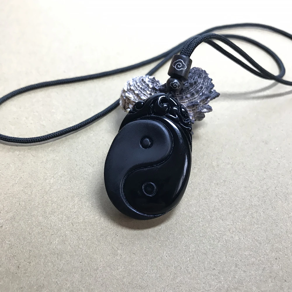 Natural Black Obsidian Tai Chi Gossip Necklace Pendant Yin Yang Tai Chi Necklace Jewelry for Men Women