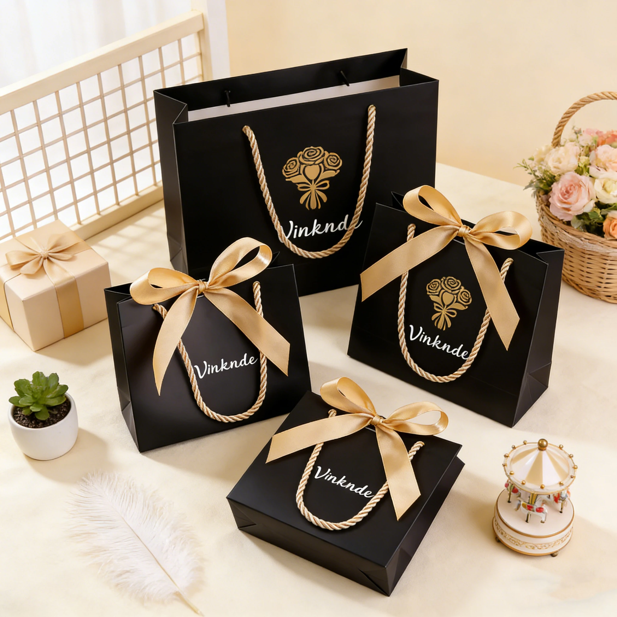 

Luxury Black Retail Packaging Gift Carry Bags Custom Logo Boutique Jewelry Cosmetic Shopping Paper Tote Bag With Ribbon