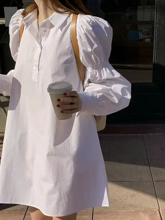 Chic Simple Elegance Turn-down Collar Single Button Loose Casual Lazy Sle Bubble Sve irt Dr Women Summer Faion