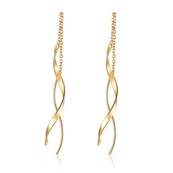 Womens Spiral Bar Chain Threader Earrings Long Drop Earrings Gold silver color Stainless Steel Curved Twist Dangle Earrings