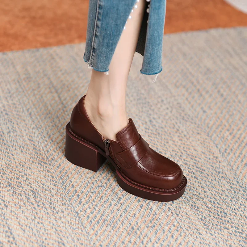 2022 Spring New Genuine Leather Platform Shoes Casual Round Toe Shoes Woman High Heel Pumps Women Shoes Zapatos De Mujer Loafers