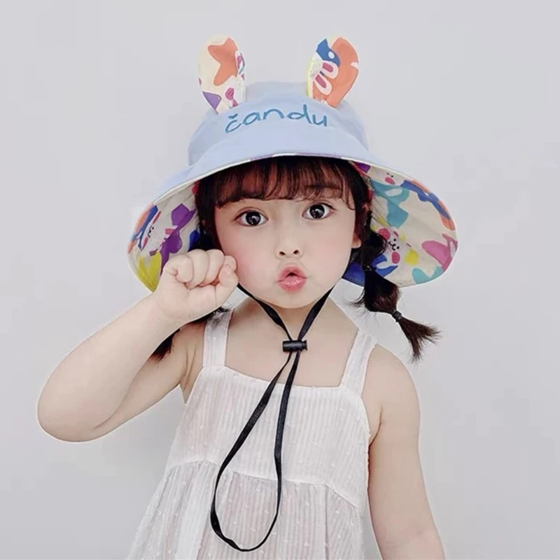 Adjustable Baby Bucket Hat Girls Sun Hat Cute Rabbit Children\'s  Empty Top Cap Large Brim Kids Beach Cap  Bonnet Gorras