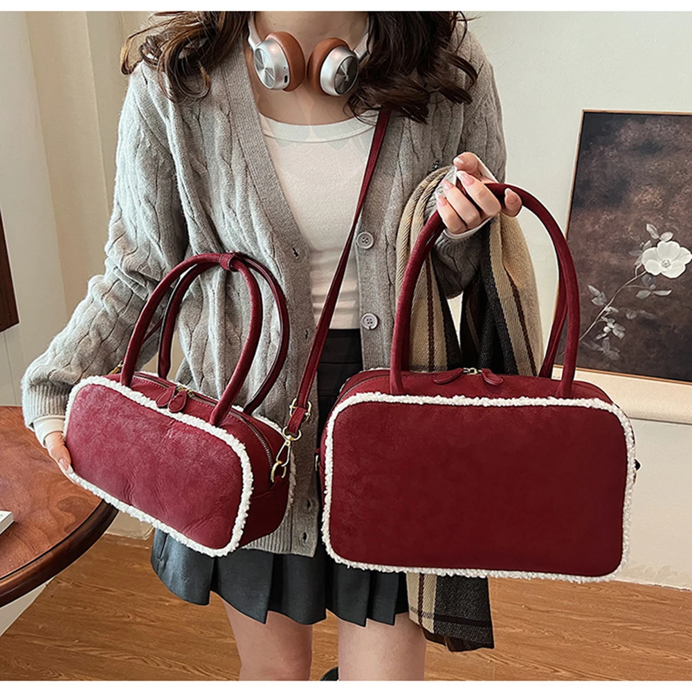 Imitation Suede Splicing Plush Edge Single Soulder Bag Women Large Capacity Retro Crossbody Bag Autumn Winter High Grade Handbag