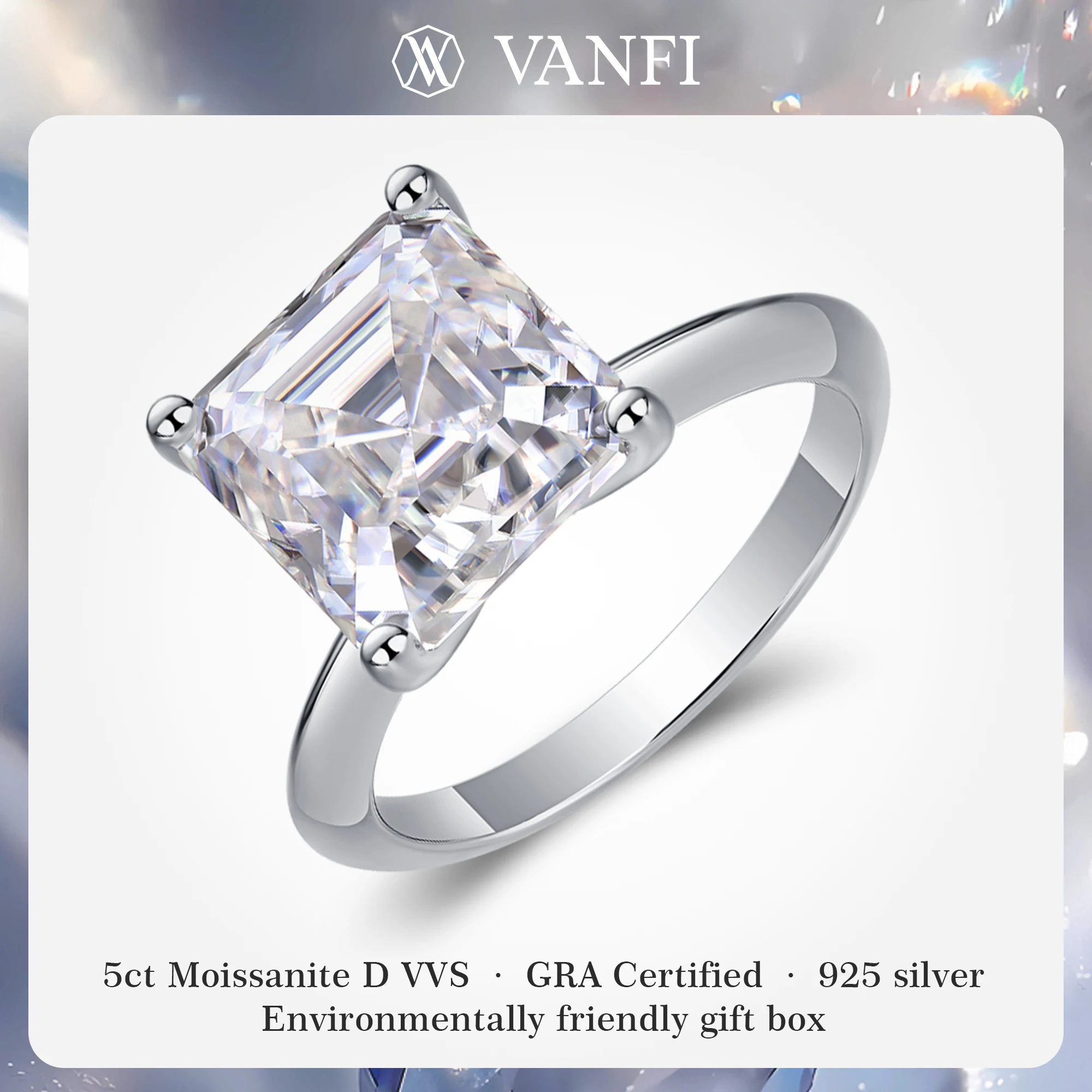 

kfvanfi 5ct moissanite square GRA lab diamond D VVS women's ring s925 sterling silver plated 18k white gold wedding jewelry