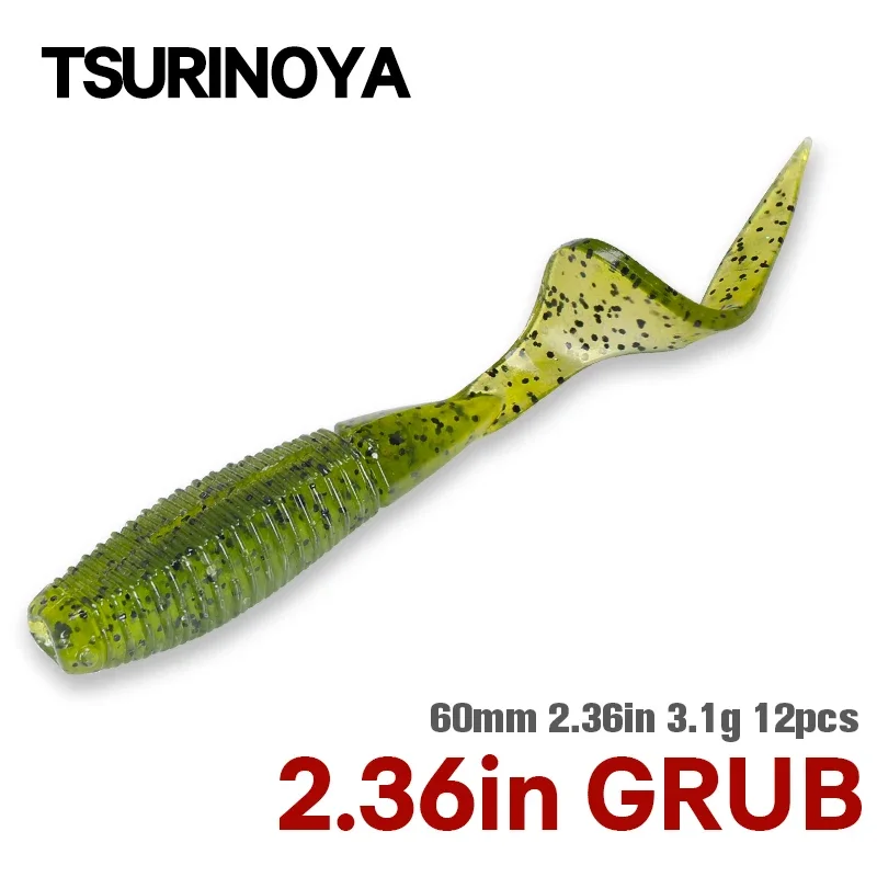 TSURINOYA 6cm 3.1g 12pcs Curled Tail Soft Fishing Lure PULSE Grub Bass Game Add Shrimp Salt Silicone Swimbait Fishing Rig Tackle