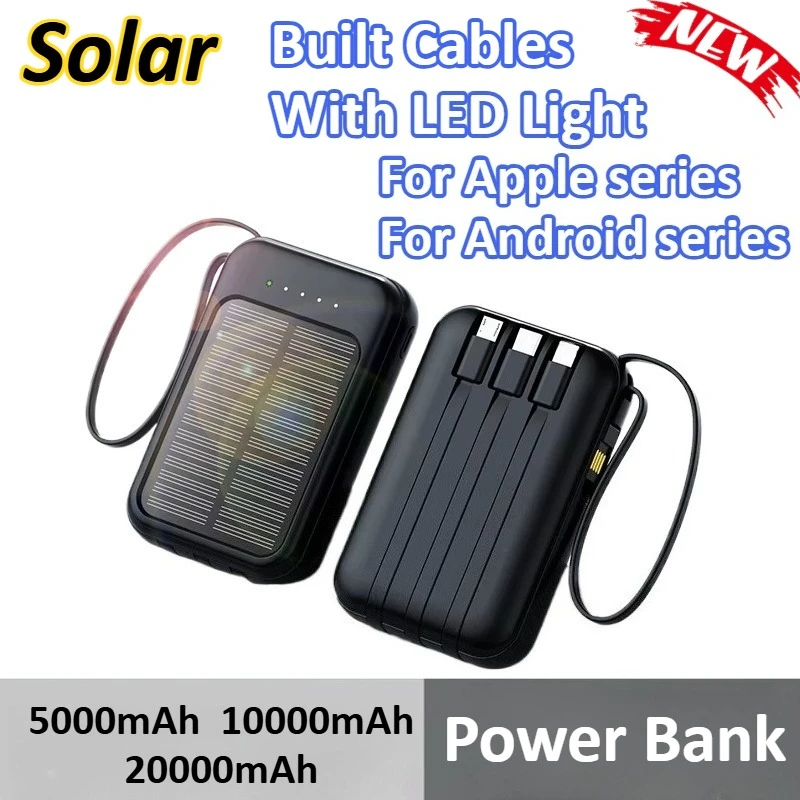 

5000mAh 10000mAh 20000mAh Solar Power Bank Built Cables With LED Light For iPhone For Xiaomi For Huawei For Samsung