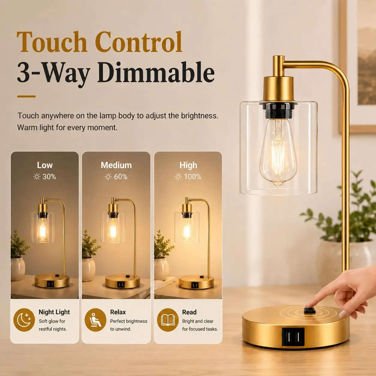 Touch Control Table Lamps Set of 2 - Gold Nightstand Lamps with USB & Outlet, 3-Way Dimmable Desk Lamp for Bedroom view 3