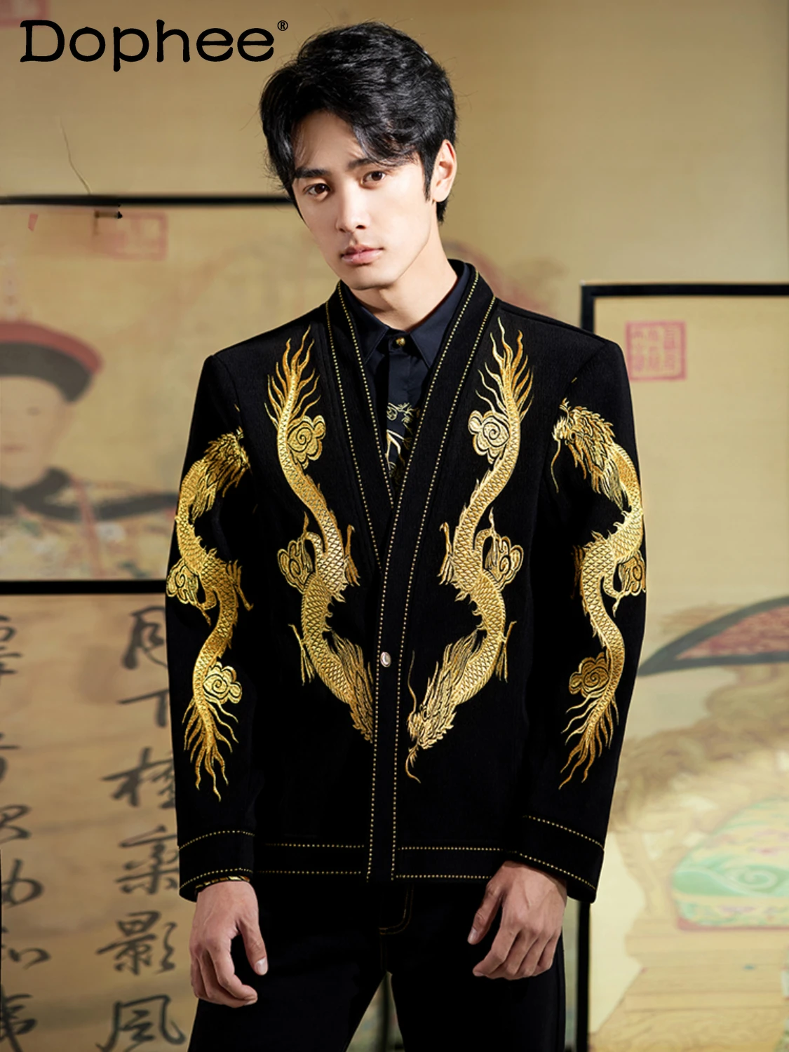 

Fashion Trendy Male Chinese Embroider Golden Dragon Slim Jacket Men's Slim-Fit Long-Sleeved Jackets Handsome Men's Clothes