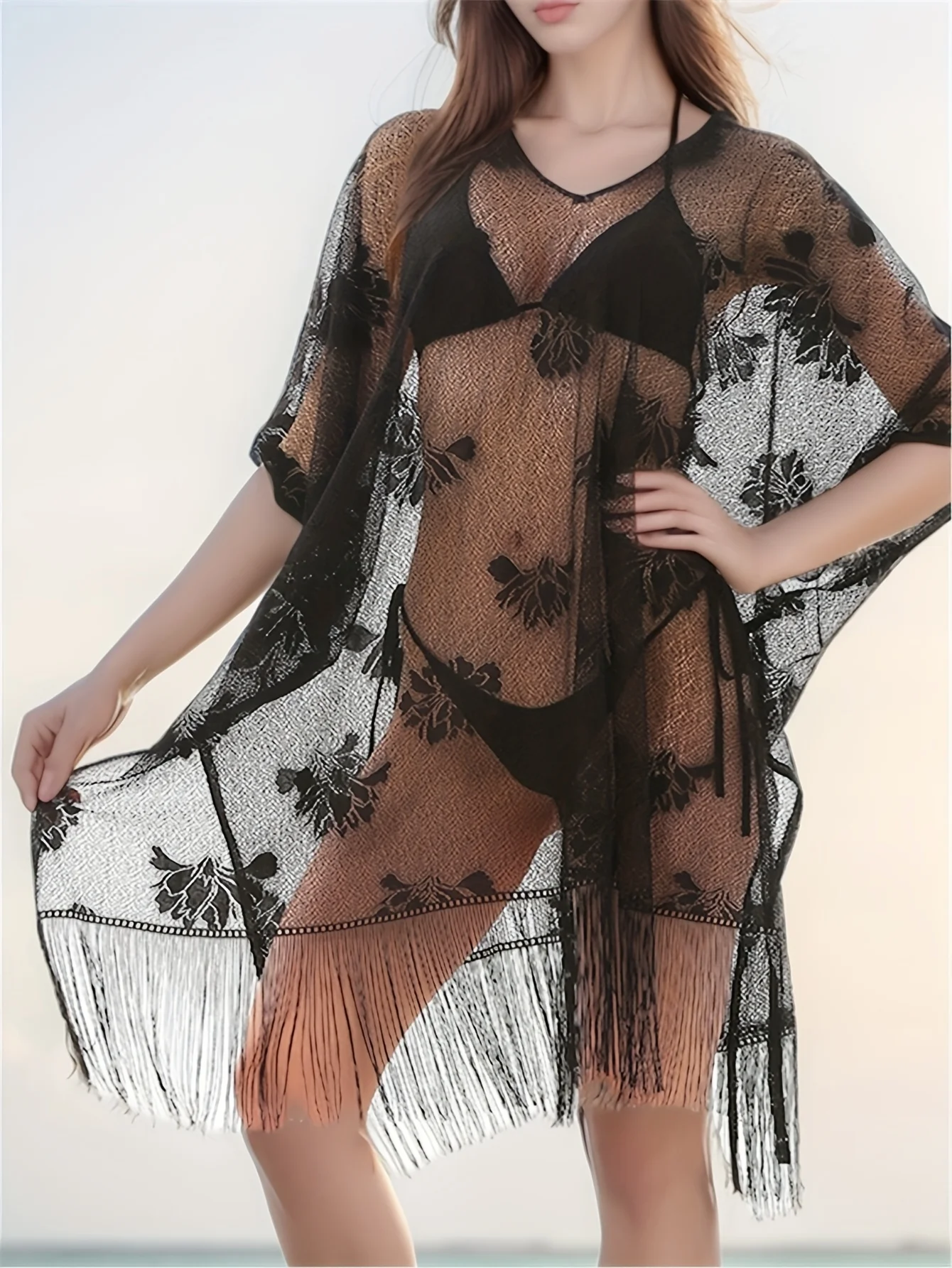 2025, Strand-Vertuschung für Badebekleidung, Damen-Badeanzug-Vertuschung, schwarz, sexy Netz-Badeanzug-Vertuschung mit Quaste, weißes Transportkleid