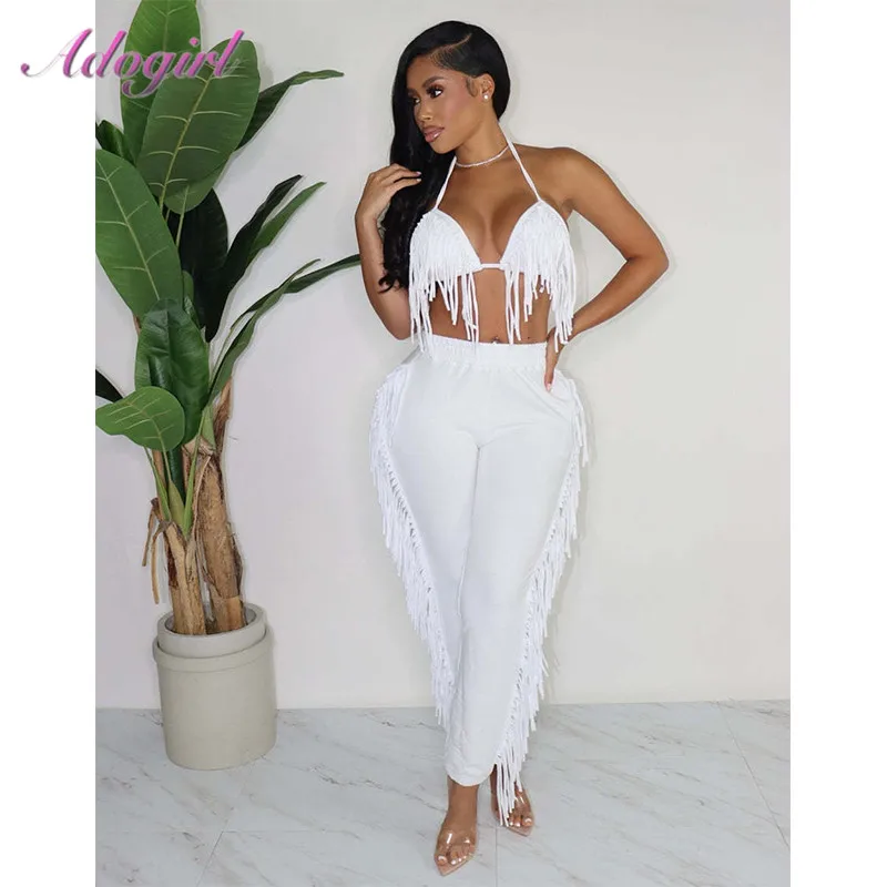 Sexy Tassel Beach Wear Two Piece Set Women Summer Outfits Tracksuit Solid Halter Bra Crop Tank Tops Jogger Pants Party Club Suit