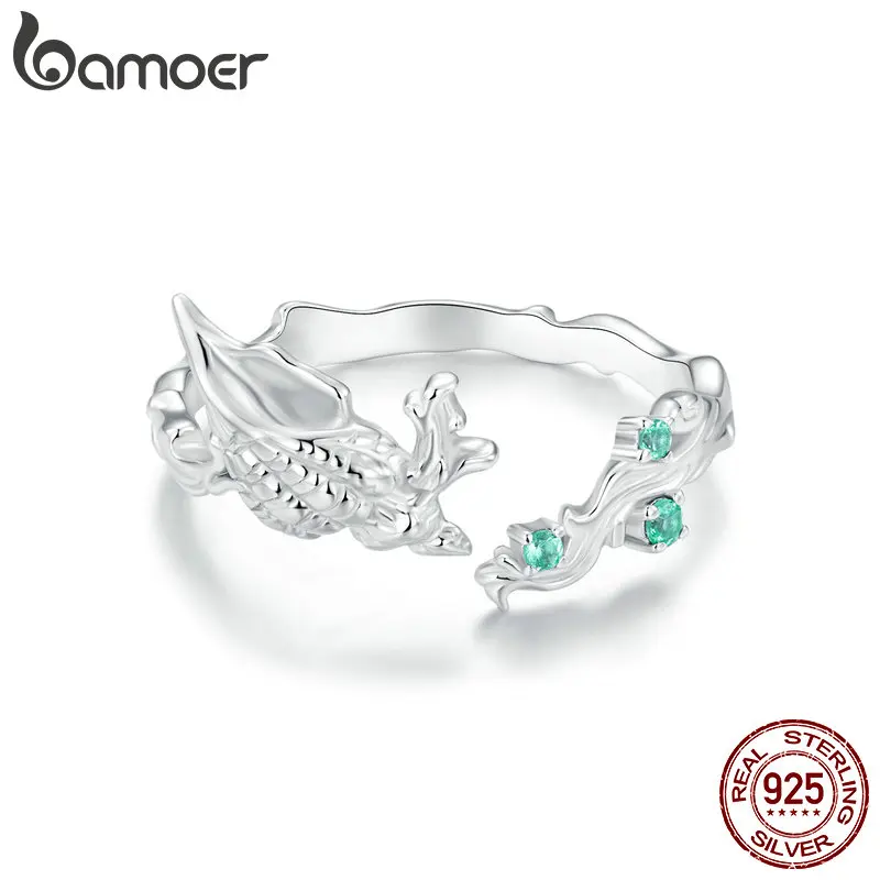 BAMOER 925 Sterling Silver Conch Open Ring Inlaid Green CZ Ocean Series Adjustable Rings for Women Fine Jewelry BSR554-E