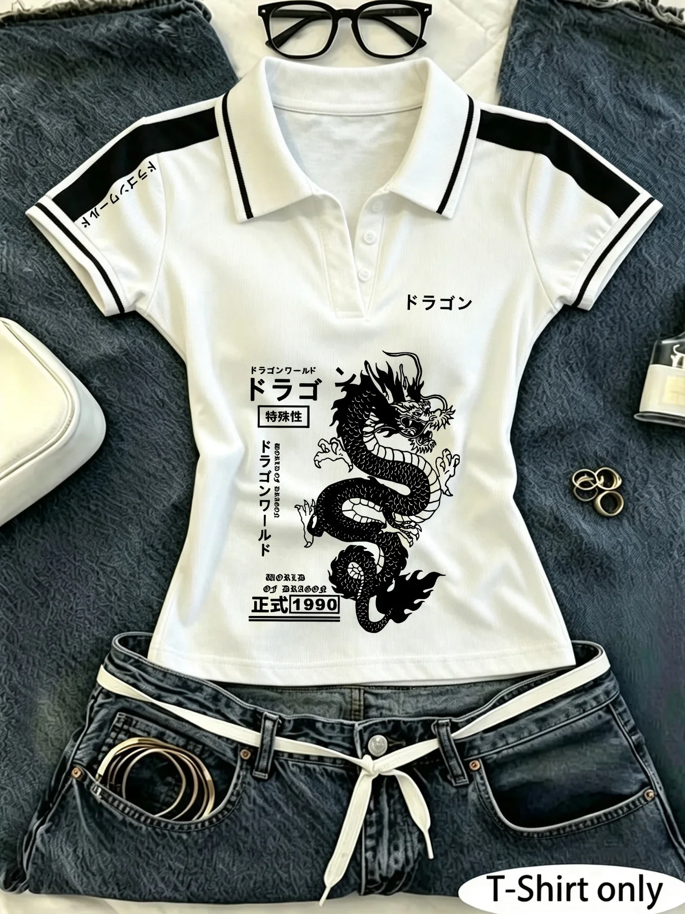 Damen Y2K Crop Polo-Shirt, Japanischer Drachen-Kanji-Grafikdruck, Farbblock-Kurzarm-Hemd mit Kragen, Slim Fit, Street Casual Top – Detail 2
