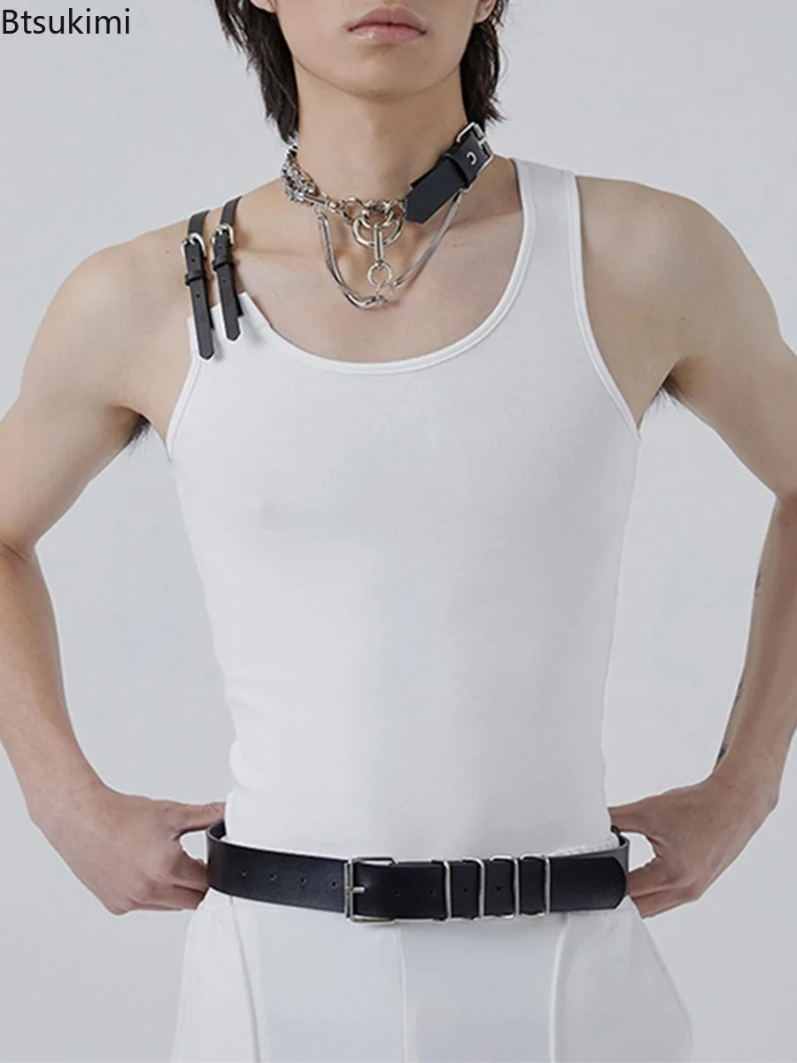 

High-grade Men's Tank Tops Fashion Harajuku Solid Buckle Sling Sleeveless Tops Casual Vests 2024 Summer Hip Hop Streetwear Male