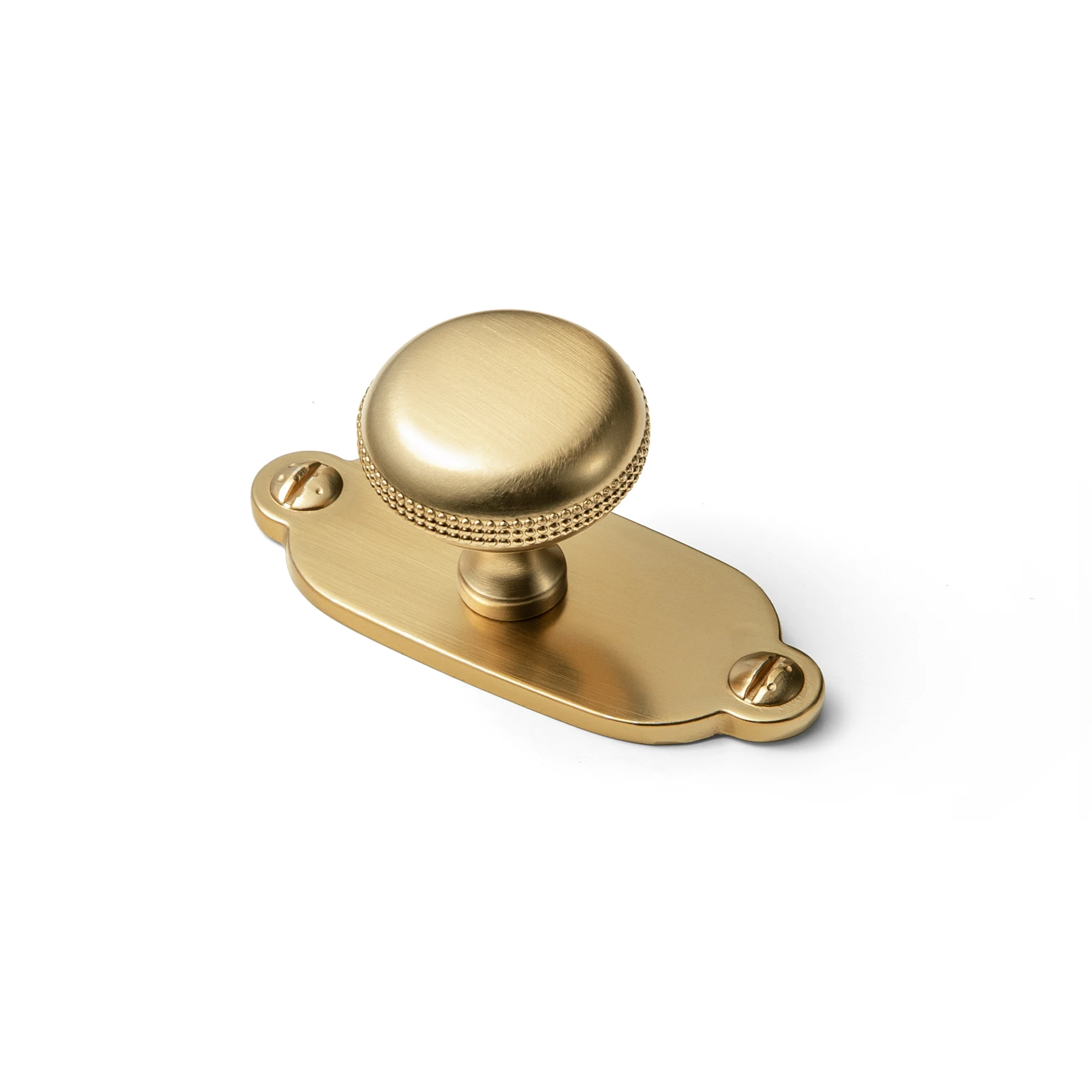 Goo-Ki Antique Brass Cabinet Knobs, 1-3/16 Inch, Keelplate, 6 Pack Zinc Alloy Body, Domed Face With Textured Rim, Shaped Terminal Profile, Matching Faceplate, Dual-Length M4 Screws