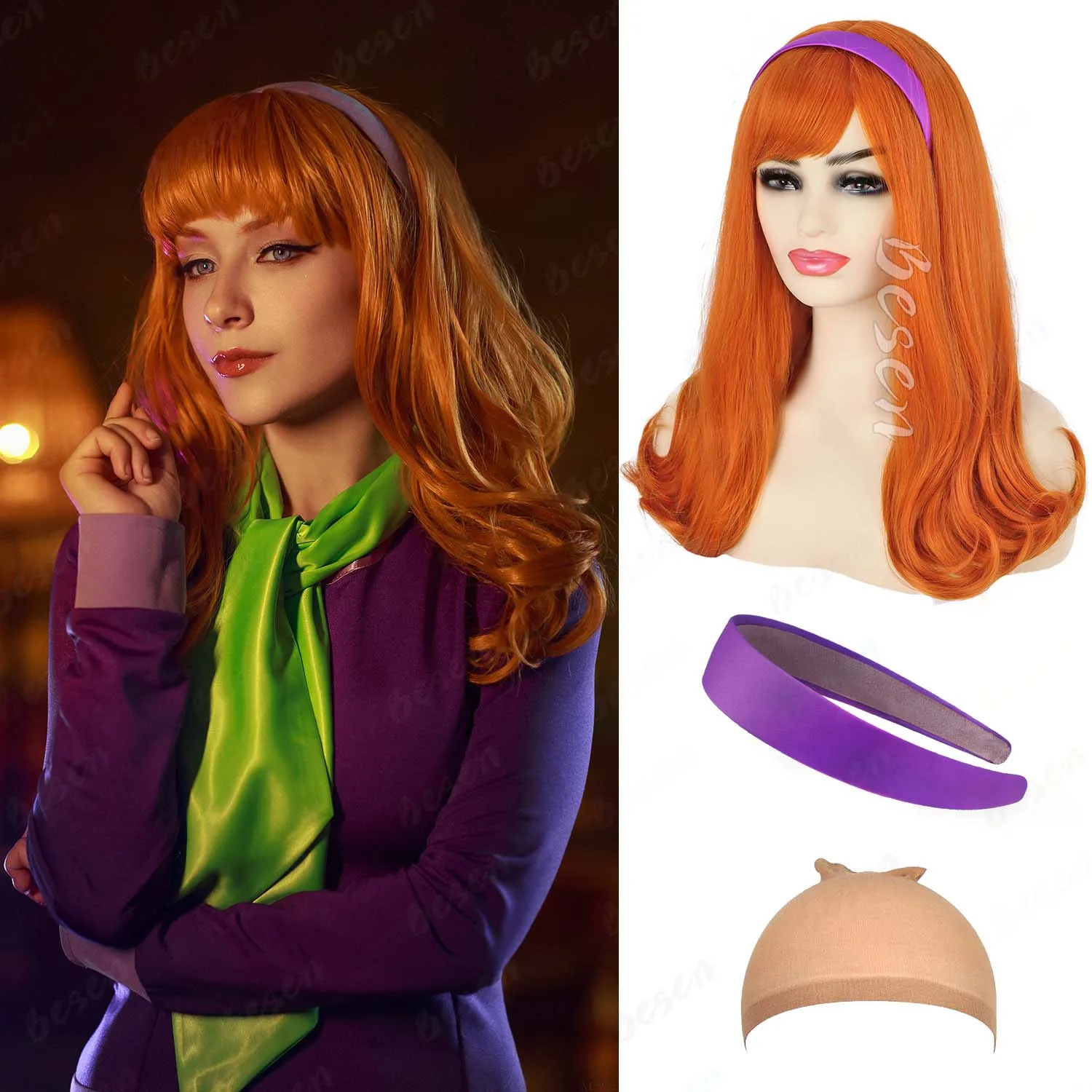 باروكة صناعية طويلة مموجة برتقالية + عصابة رأس أرجوانية، باروكة دافني، شعر مستعار بني مع غرة + نظارات + باروكات فيلما عدسة مكبرة لجميع القديسين #1