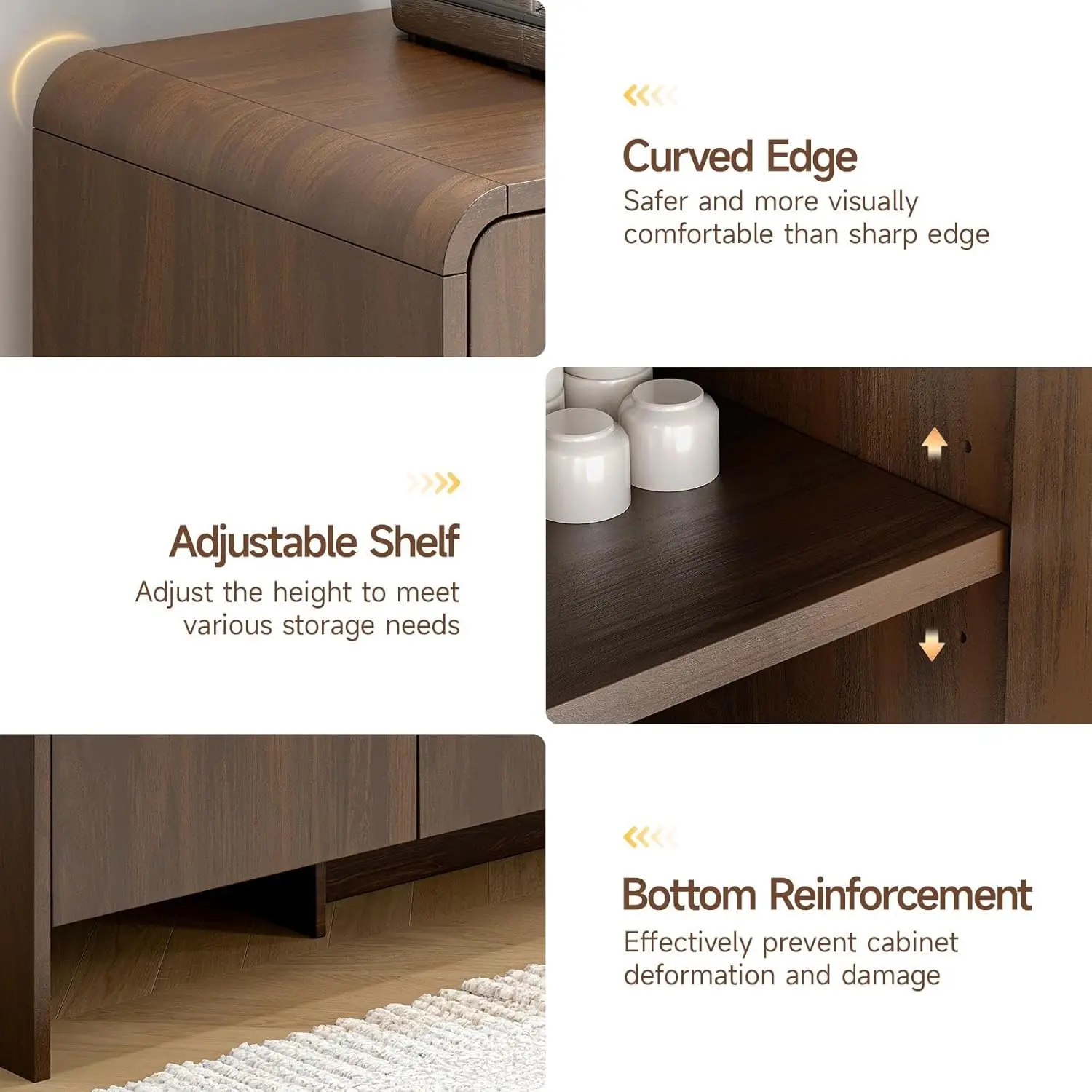 ตู้ไซด์บอร์ดวอลนัท 60 นิ้ว ดีไซน์โค้งสไตล์ฟาร์มเฮาส์ พร้อมชั้นวางปรับระดับได้ 4 ชั้น สำหรับห้องนั่งเล่น ห้องครัว และทางเดิน