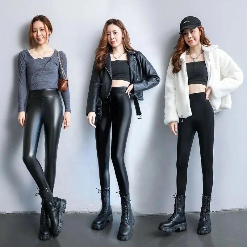 Women's PU Leather Pants Fleece Inside Trousers High Waist Waterproof Thick Leggings Autumn Winter