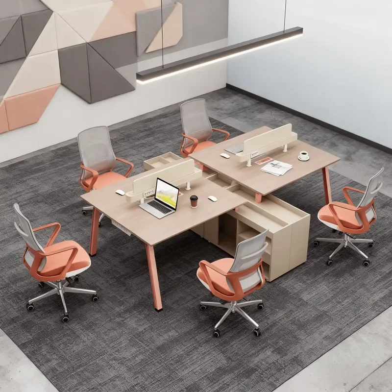Modern Durable Commercial Desk for 4 People with Shelving Drawers Partition Panels Wooden Luxury Design Office Workstation