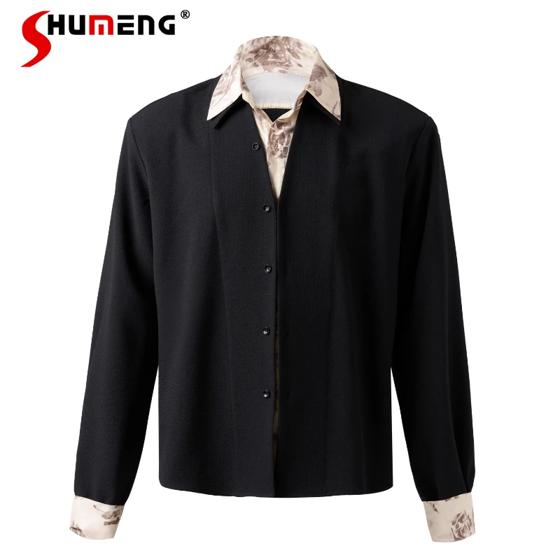 

Men's 2025 Autumn New Faux Two-Piece Polo Jackets Thin Long Sleeve Chic Coats Original Light Luxury Retro Floral Collar Jackets