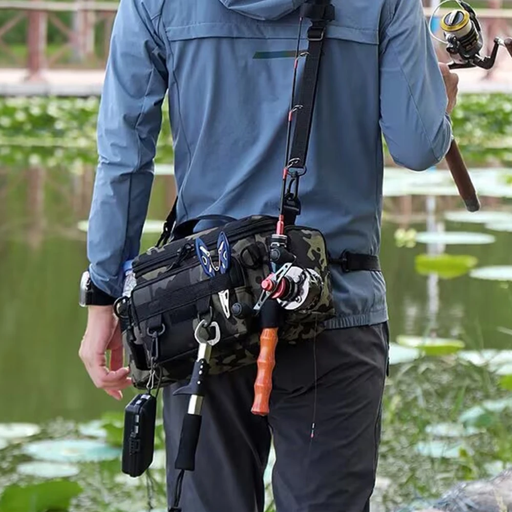 

Fishing Tackle Backpack Lure Box Gear Storage Bag Fanny Pack for Men Fly Fishing Backpack with Rod Holder Sling Shoulder Bag