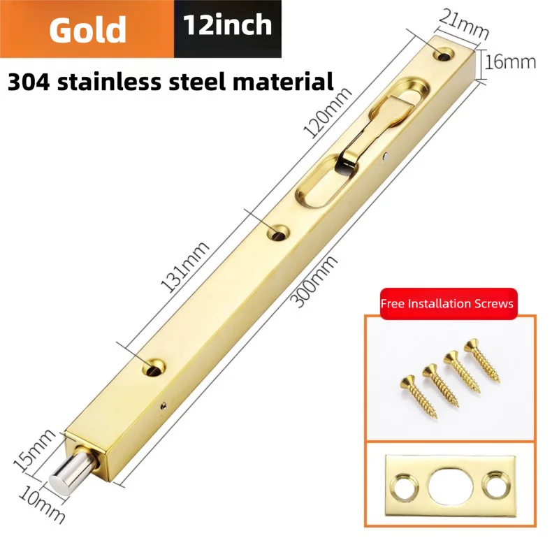 Gold 6-12inch Stainless Steel Concealed Fire Door Bolt Latch Security Lock for Home Office Garage - Easy Install Strong Durable