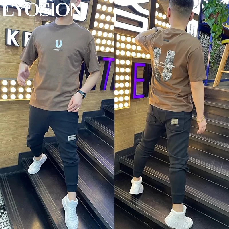 

2023 New Men's T-shirt Cotton U Letter Printing Handsome Fashion Style Round Neck Short Sleeve Male Streetwear Top Tee 5XL