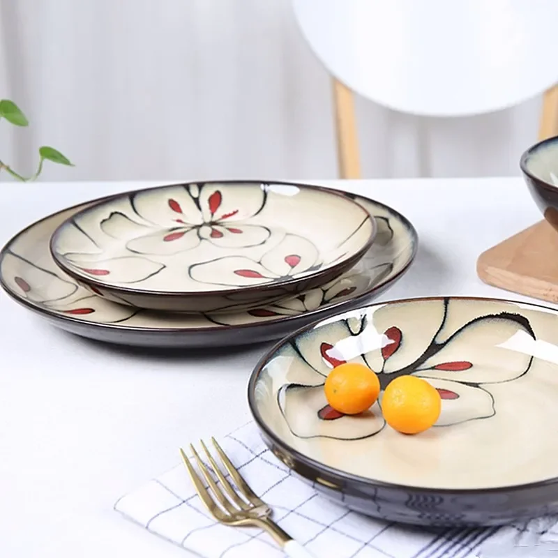 1Pcs Personality Plant Flower Round Ceramic Plate Breakfast Steak Salad Dessert Cake Sushi Home Kitchen Storage Decoration Plate