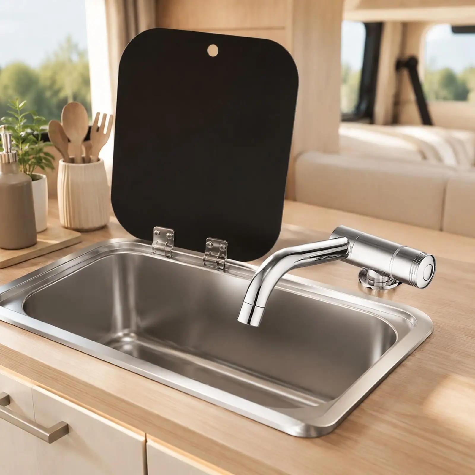 Rectangular Stainless Steel Sink with Reinforced Glass Cover RV Sink with Flip-up Cover Space-Efficient Hand Wash Basin for