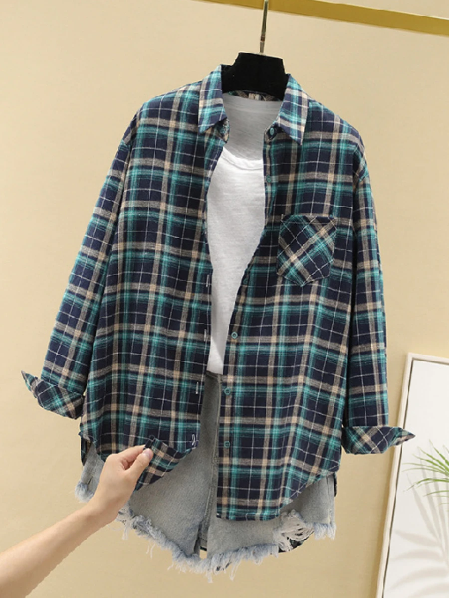 Cotton Plaid Shirt Women\'s Korean Loose Long Sleeved Retro College Style Thin Jacket Female Clothing All Seasons Tienda Traf