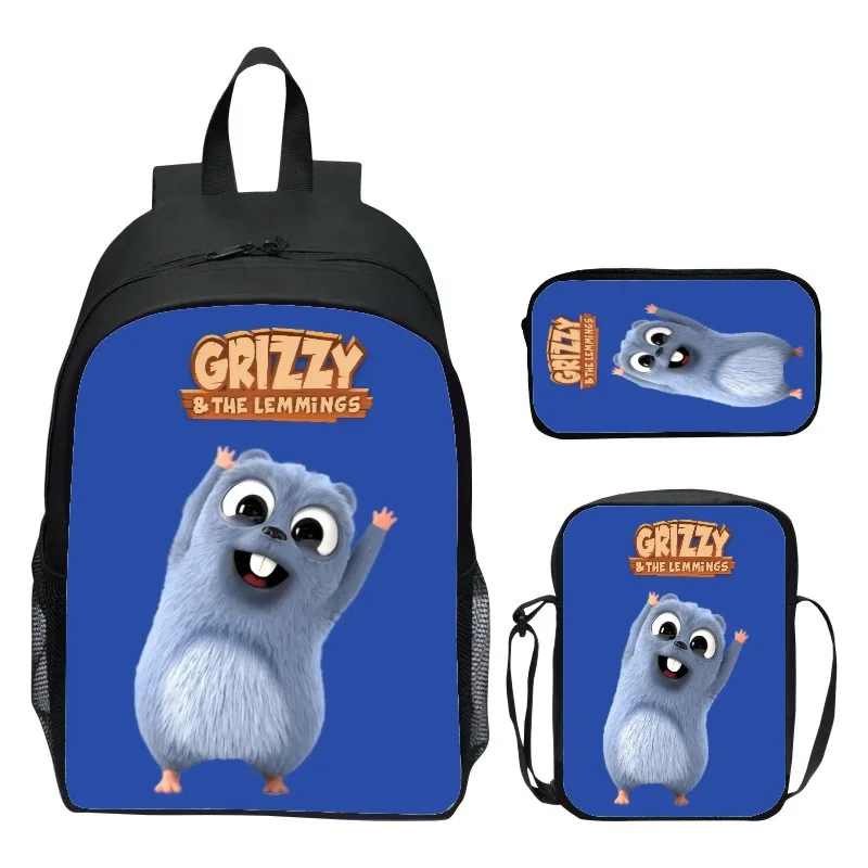 حقيبة ظهر للأطفال مقاس 16 بوصة مكونة من 3 قطع من Grizzy Bear حقيبة ظهر للمدرسة الابتدائية حقيبة كتف مقلمة