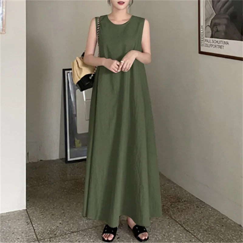 

Summer Dress Long Skirt Suspender Loose Pockets O-Neck Temperament Sleeveless Swing Dresses for Women 2025 Women Clothing Robe