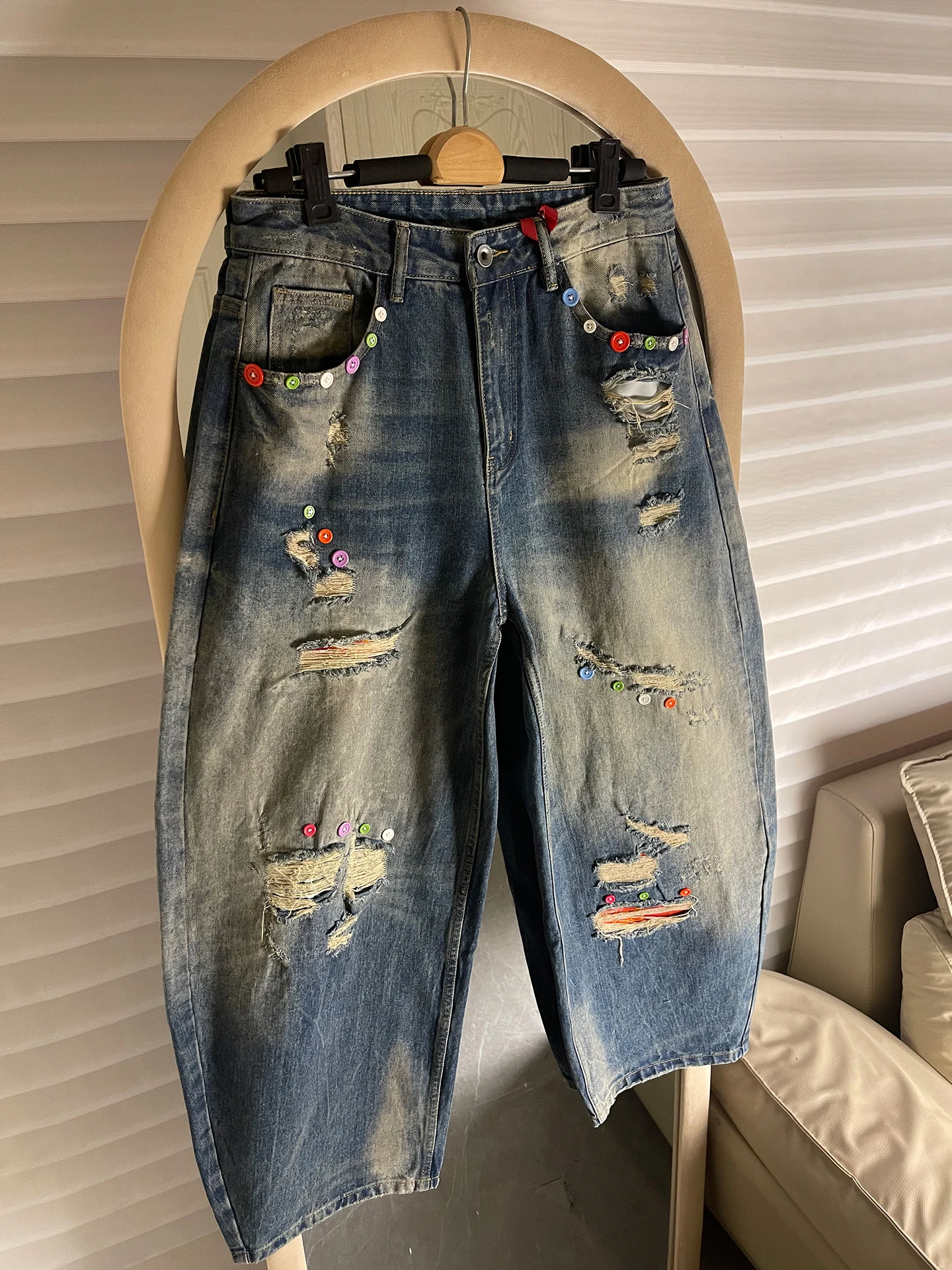 

Parisian Sle Buttoned Knife Denim Jeans Casual Loose Wide Leg Pants for Men And Women Casual Cotton Polyester...