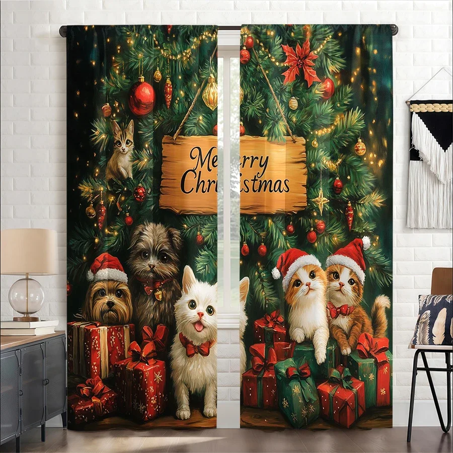 Merry Christmas Dog Family Christmas Tree Curtain Festive Holiday Pet Lovers Xmas Decor Window Curtain
