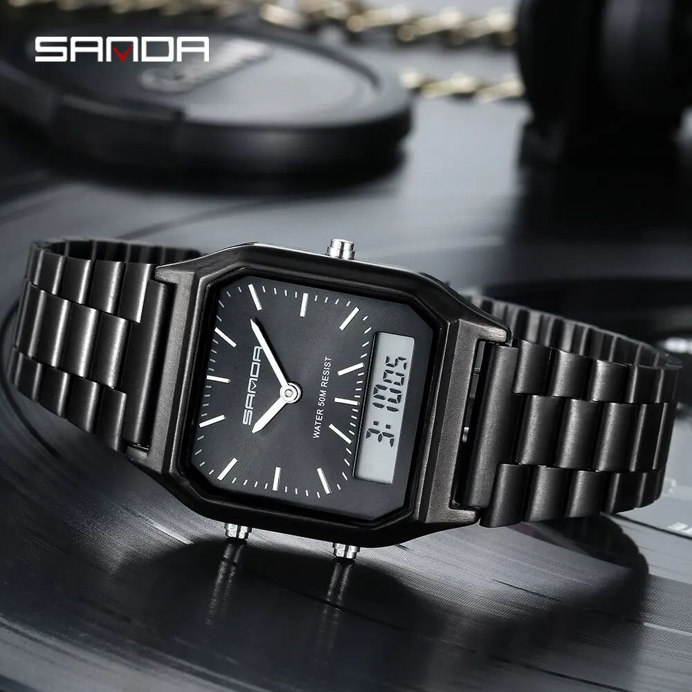 SANDA Luxury Mens G Style Watches Stainless Steel Women LED Digital Dual Display Clock Unisex Waterproof Sports Quartz Watch