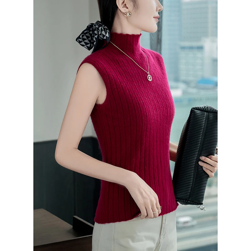 100% Cashmere Sleeveless Elasticity-bust Half High Collar Knit Autumn Winter Indoor Slim Sexy Women Pullover Ladies Sweater 2024