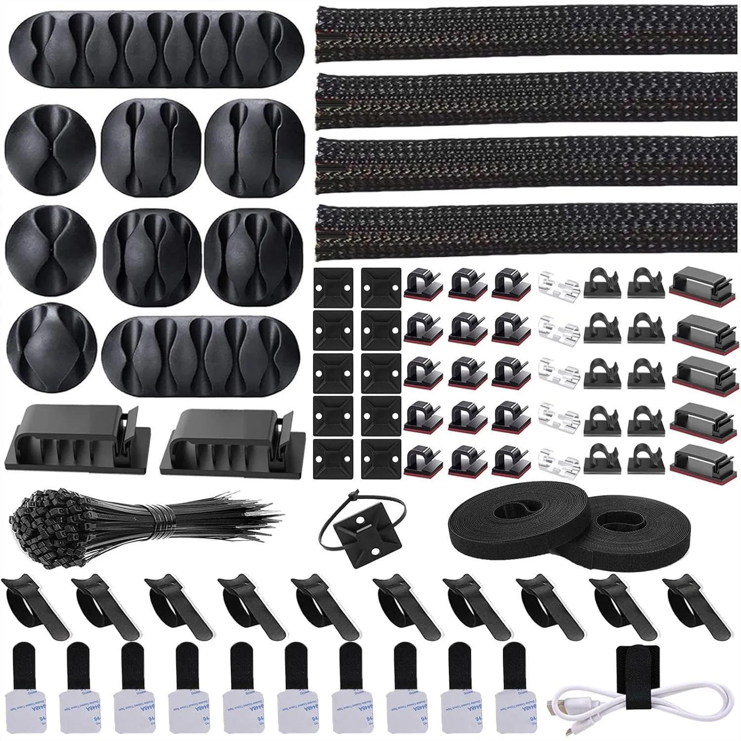 

Cord Management Organizer Kit 4 Cable Sleeve Split With 41 Self Adhesive Cable Clips Holder 10pcs And 2 Roll Self Adhesive Tie And 100 Fastening Cable Ties For TV Office Car Desk Home