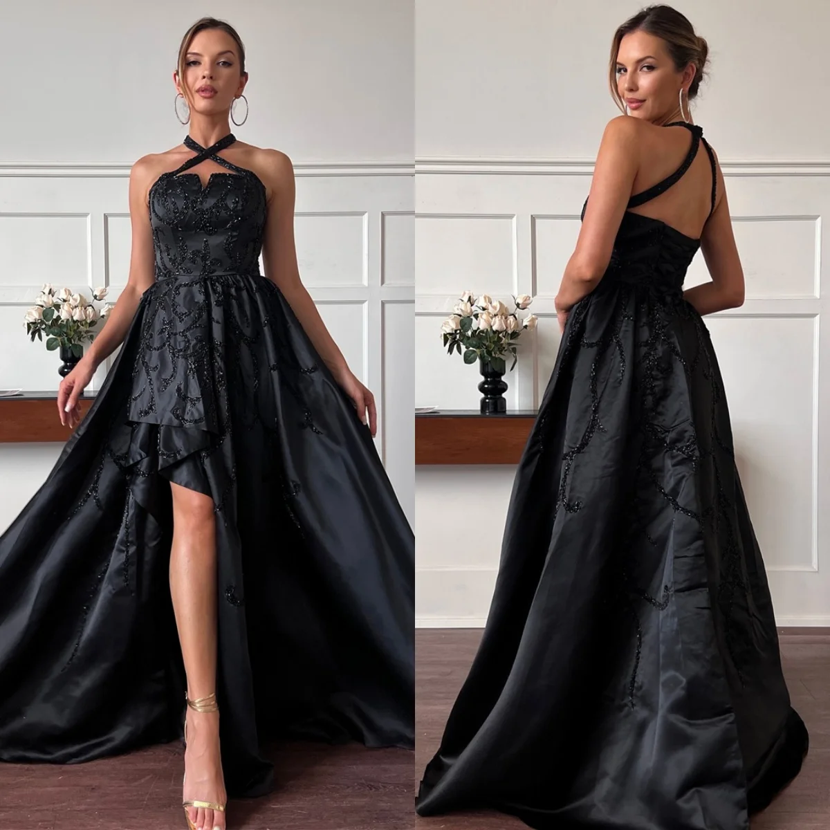 

Customized Temperament Black Satin Celebrity Gowns High Quality Criss-Cross Crew Neck Beading Lace Up Back Vestido De Festa