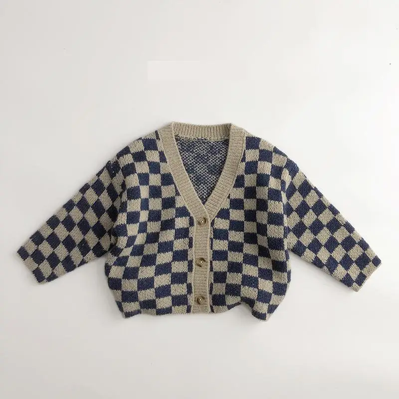 2024 Spring Autumn Children Knitted Plaid Sweater Boy Baby Knit Cardigans Toddler Girl Casual Long Sleeve Coat Kid Cotton Jacket