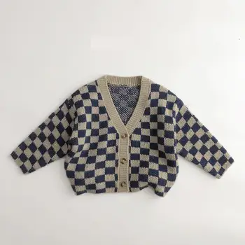 Kids Plaid Cotton Cardigan 2 2024 Spring Autumn Children Knitted Plaid Sweater Boy Baby Knit Cardigans Toddler Girl Casual Long Sleeve Coat Kid Cotton Jacket 2